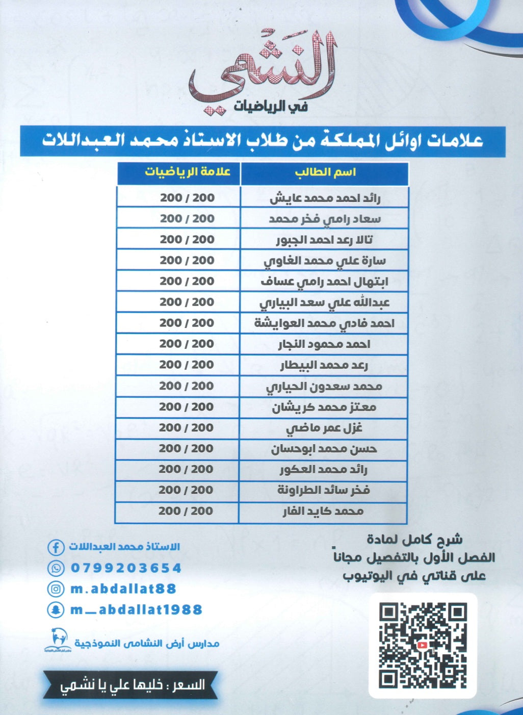 بنك أسئلة النشمي في الرياضيات أ.محمد العبد اللات الوحدة الأول 2010